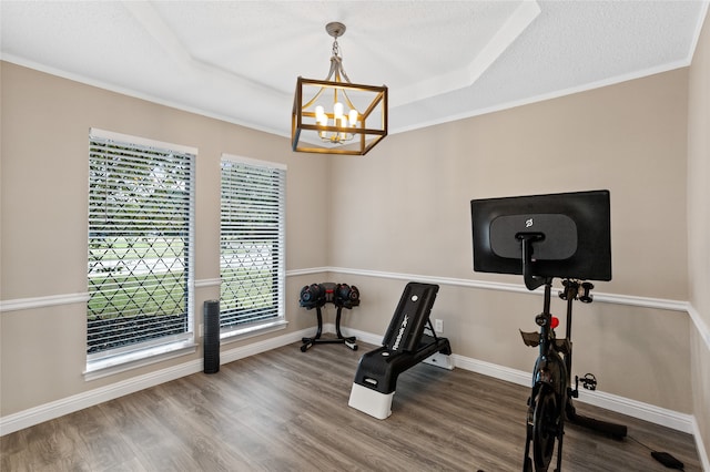 exercise room featuring plenty of natural light, wood-type flooring, and a notable chandelier