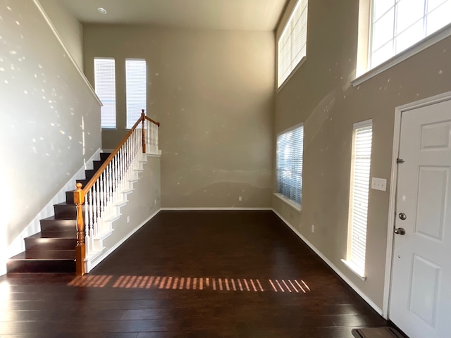 foyer featuring a towering ceiling and dark hardwood / wood-style floors