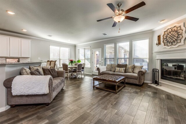 living room featuring dark wood-type flooring, ceiling fan, and ornamental molding