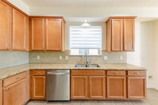 kitchen featuring decorative backsplash, sink, light stone counters, and dishwasher