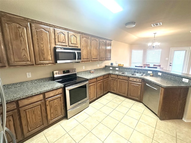 kitchen featuring pendant lighting, sink, kitchen peninsula, stainless steel appliances, and an inviting chandelier