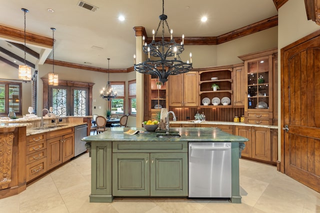 kitchen with plenty of natural light, stainless steel dishwasher, and a notable chandelier