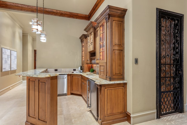 bar featuring sink, hanging light fixtures, light stone counters, stainless steel dishwasher, and ornamental molding