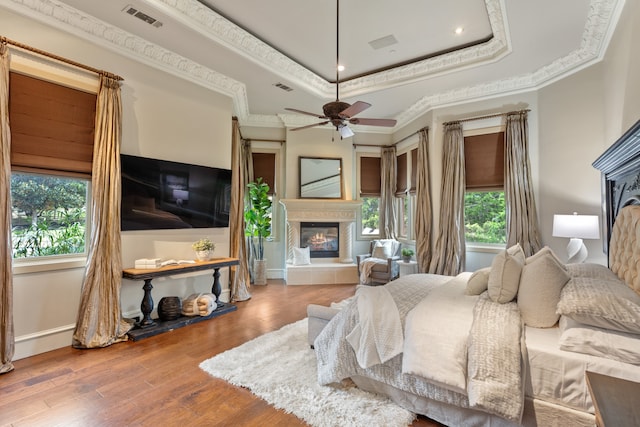 bedroom featuring a tray ceiling, multiple windows, ceiling fan, and hardwood / wood-style floors