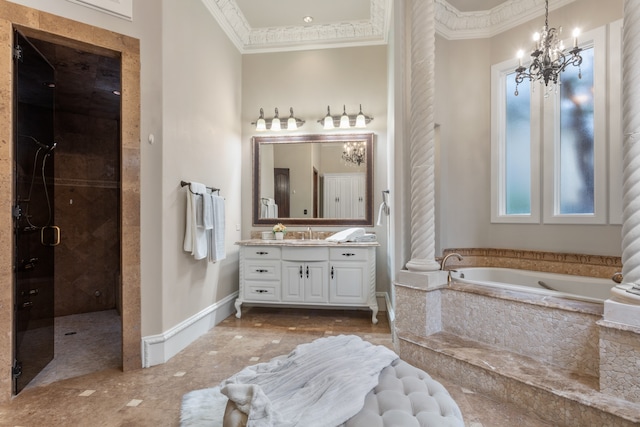 bathroom with independent shower and bath, vanity, crown molding, and a healthy amount of sunlight