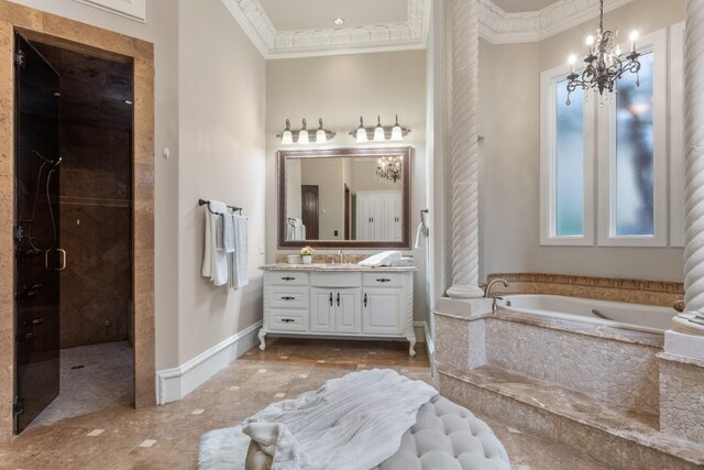 workout area featuring carpet flooring, ornamental molding, and a high ceiling