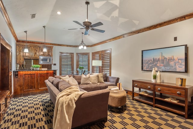 living room with crown molding, ceiling fan, lofted ceiling, and dark colored carpet