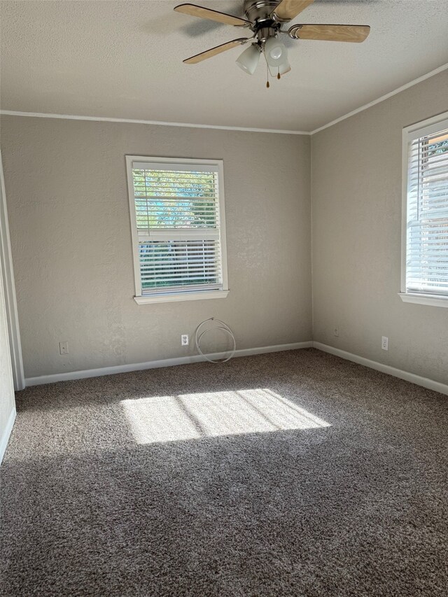 carpeted spare room featuring a textured ceiling, plenty of natural light, ceiling fan, and crown molding