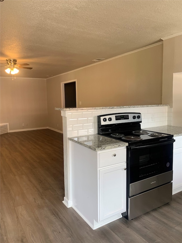 kitchen with dark hardwood / wood-style flooring, stainless steel electric range oven, light stone counters, and white cabinets