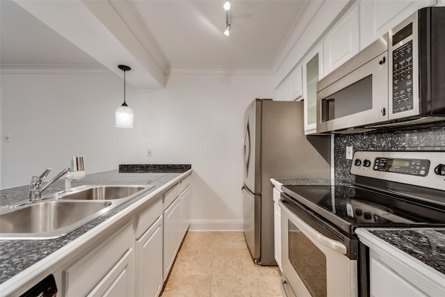 kitchen featuring stainless steel appliances, white cabinetry, sink, ornamental molding, and hanging light fixtures