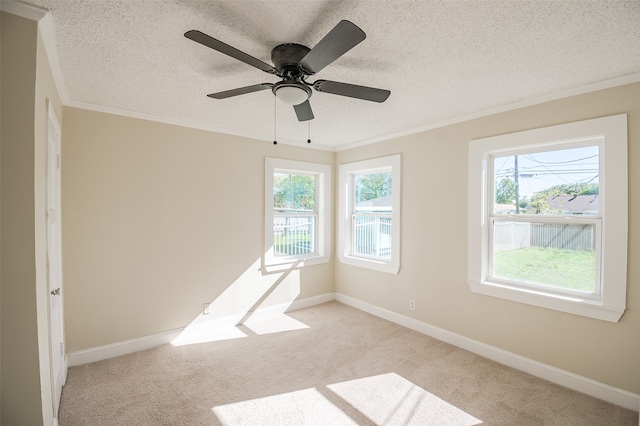 carpeted empty room featuring ceiling fan, a healthy amount of sunlight, and a textured ceiling