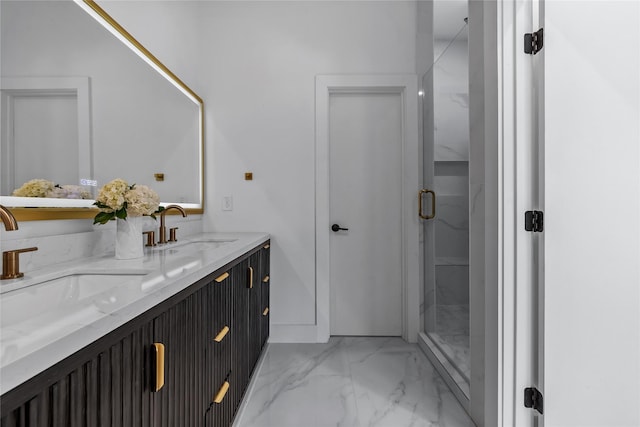 full bathroom with marble finish flooring, a shower stall, and double vanity