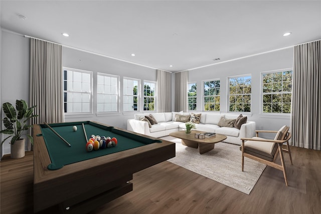 game room with wood finished floors, plenty of natural light, billiards, and recessed lighting