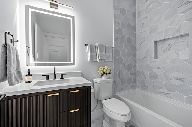 full bathroom featuring toilet, marble look tile flooring, baseboards, and vanity