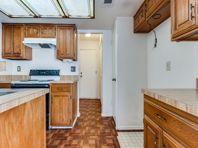 kitchen with electric range and dark parquet floors