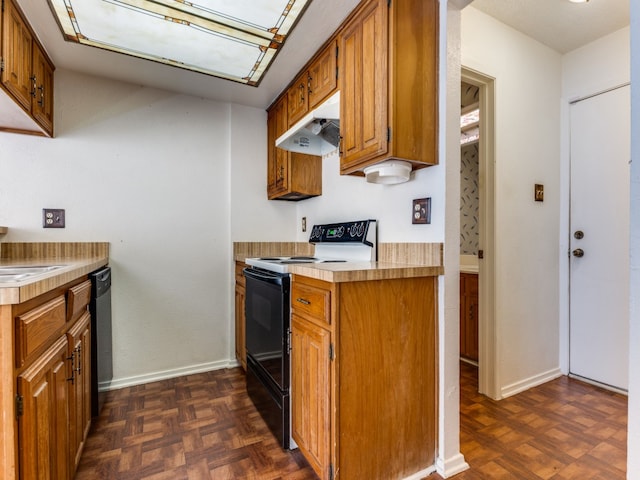 kitchen with dark parquet floors and black / electric stove