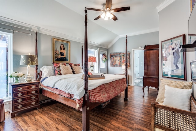 bedroom with dark hardwood / wood-style floors, vaulted ceiling, ceiling fan, and crown molding