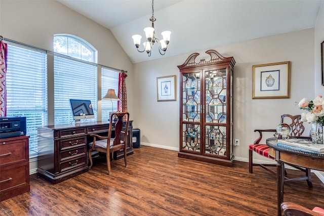 office featuring a chandelier, dark hardwood / wood-style flooring, and vaulted ceiling