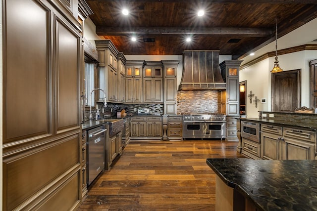 kitchen featuring hanging light fixtures, dark hardwood / wood-style flooring, custom range hood, beamed ceiling, and stainless steel appliances