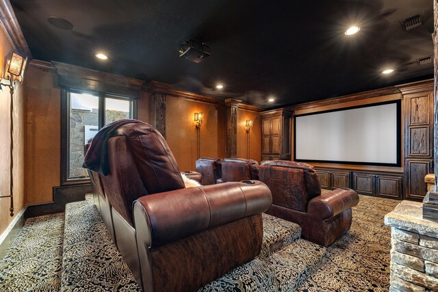 home theater featuring crown molding