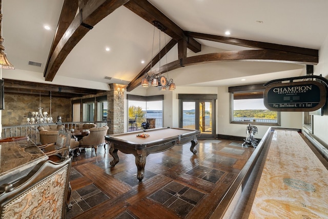 game room with beamed ceiling, an inviting chandelier, pool table, and high vaulted ceiling