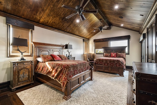 bedroom featuring wood ceiling, ceiling fan, light hardwood / wood-style flooring, and vaulted ceiling with beams