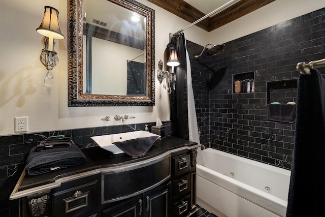 bathroom featuring ornamental molding, vanity, and shower / bath combo