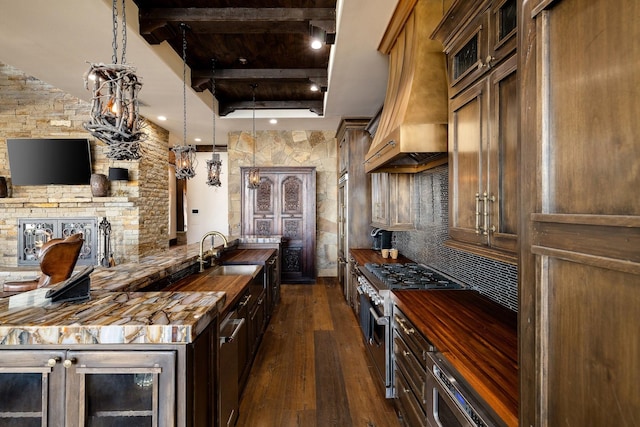 kitchen with sink, appliances with stainless steel finishes, dark hardwood / wood-style floors, custom range hood, and backsplash