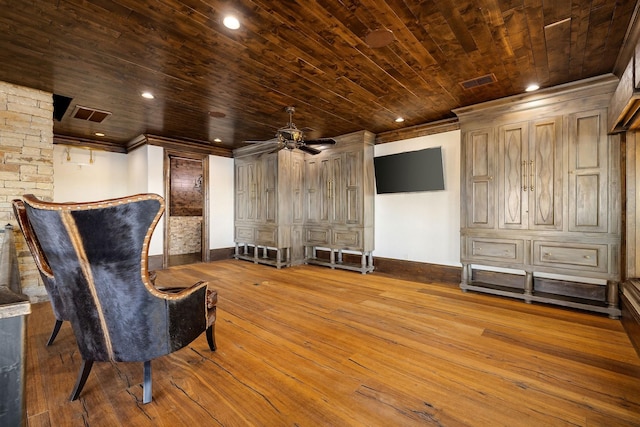 unfurnished room featuring wood ceiling, ornamental molding, and light hardwood / wood-style floors