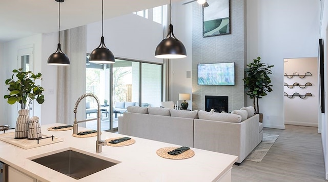 kitchen with hardwood / wood-style flooring, a wealth of natural light, sink, and decorative light fixtures