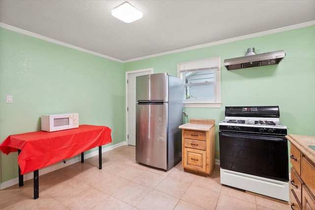 kitchen with range hood, white appliances, a textured ceiling, and crown molding