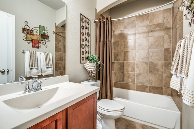 full bathroom with toilet, vanity, shower / bath combo with shower curtain, and tile patterned floors