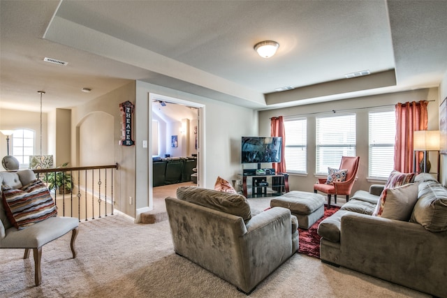 living room with plenty of natural light, a textured ceiling, light colored carpet, and a tray ceiling