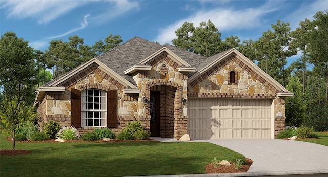 view of front of property featuring a front yard and a garage