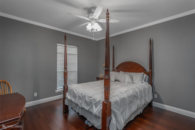 bedroom with crown molding, dark wood-type flooring, and ceiling fan