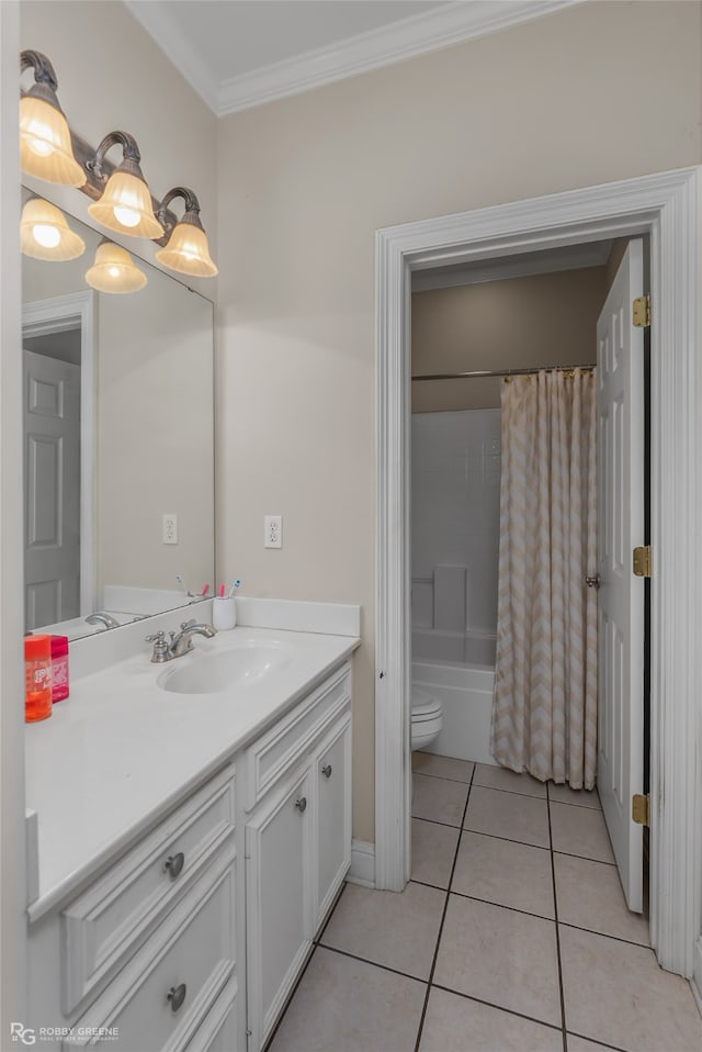 full bathroom with tile patterned floors, toilet, crown molding, vanity, and shower / bath combo