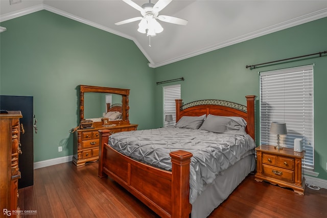 bedroom with dark wood-type flooring, ornamental molding, lofted ceiling, and ceiling fan