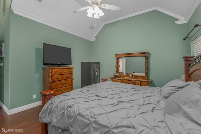 bedroom with ceiling fan, ornamental molding, lofted ceiling, and dark hardwood / wood-style floors