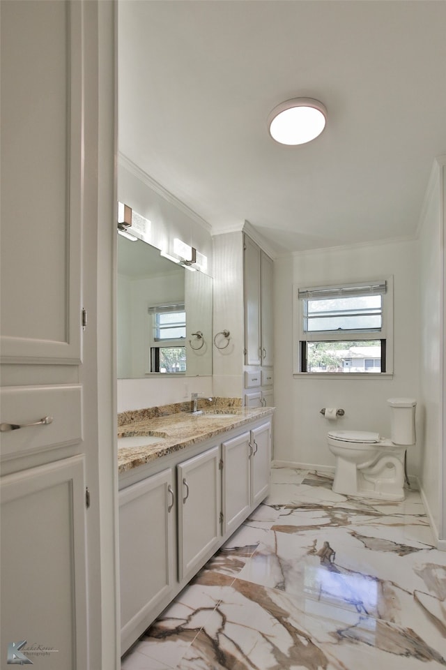 bathroom with toilet, vanity, and crown molding