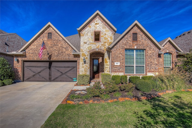 view of front of home with a garage and a front lawn