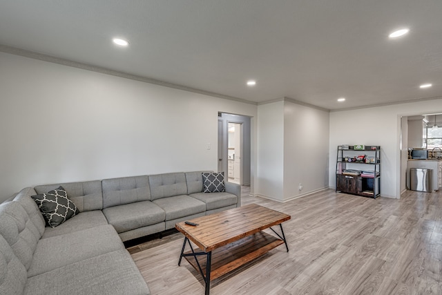 living room featuring light hardwood / wood-style floors and ornamental molding