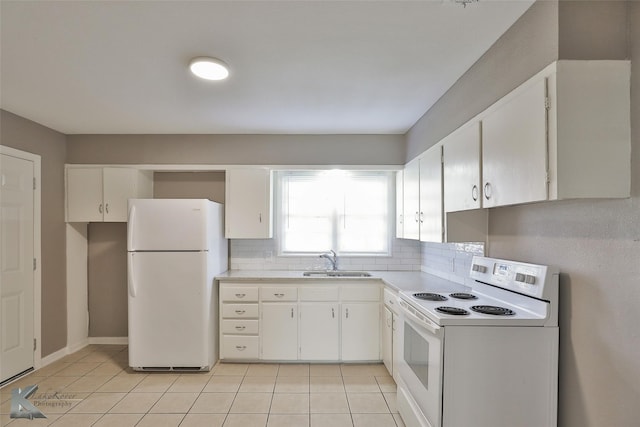 kitchen featuring sink, white cabinets, white appliances, light tile patterned flooring, and decorative backsplash