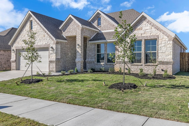 view of front of house with a garage and a front lawn