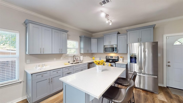 kitchen with sink, crown molding, appliances with stainless steel finishes, a kitchen breakfast bar, and a kitchen island