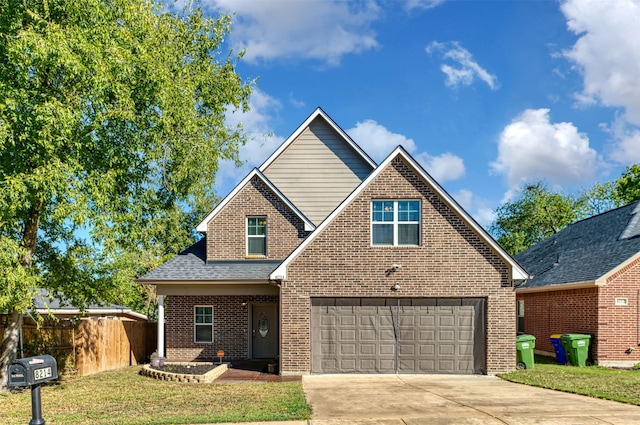 front facade with a garage and a front lawn