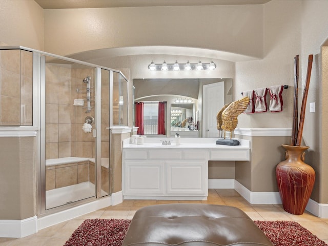 bathroom featuring tile patterned flooring, vanity, and an enclosed shower