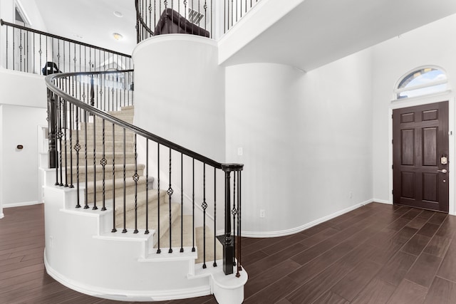 entryway featuring a high ceiling and dark hardwood / wood-style flooring