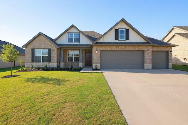 219 Briarwood Dr, Nevada, TX 75173 - craftsman house featuring concrete driveway, a front yard, board and batten siding, an attached garage, and brick siding