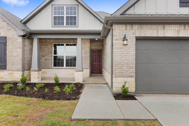 219 Briarwood Dr, Nevada, TX 75173 - property entrance featuring board and batten siding, brick siding, a garage, and roof with shingles