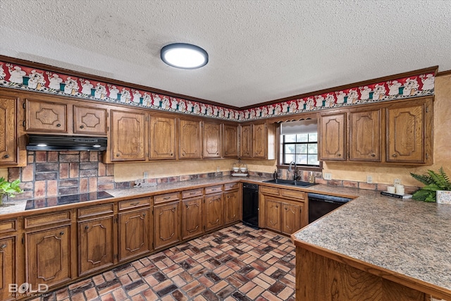 kitchen with ornamental molding, a textured ceiling, black appliances, and sink